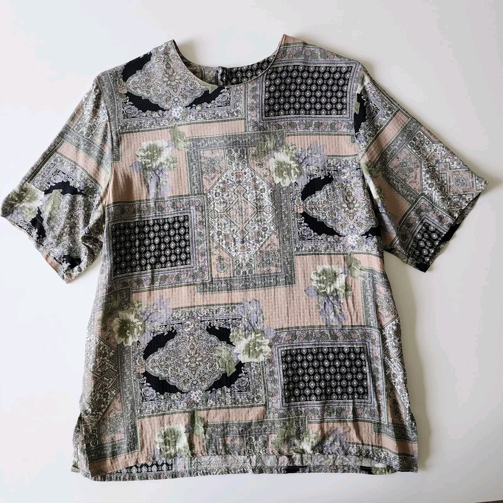 VTG BELLESSA Silk Shirt Womens Medium Jacquard All Over‎ Print Top Made In Italy